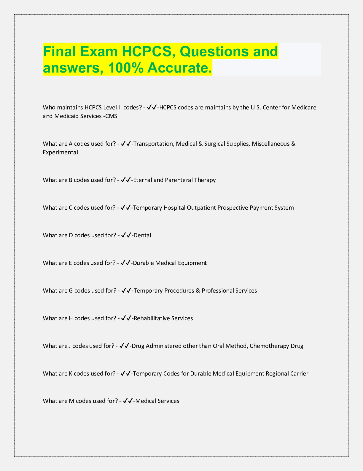 Preview image for Final Exam HCPCS, Questions and  answers, 100% Accurate.